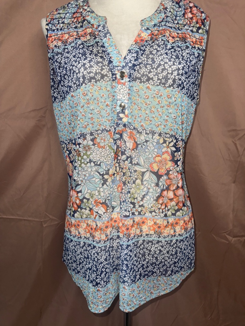 NWOT PerSeption Concept Navy, Light Blue & Coral Floral Patchwork Camisole